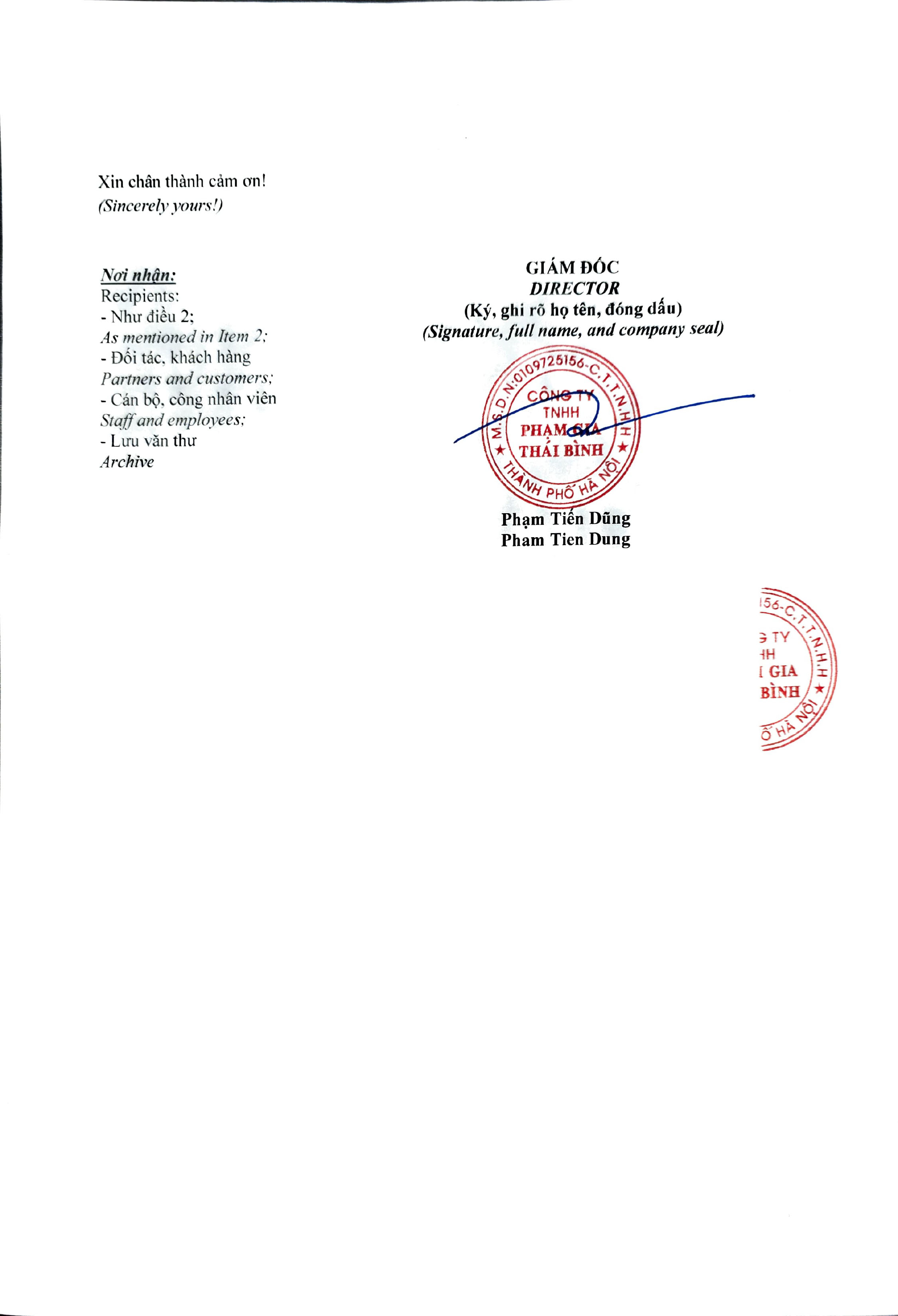 Công ty TNHH Phạm Gia Thái Bình đã cập nhật địa chỉ đăng ký kinh doanh do điều chỉnh địa giới hành chính